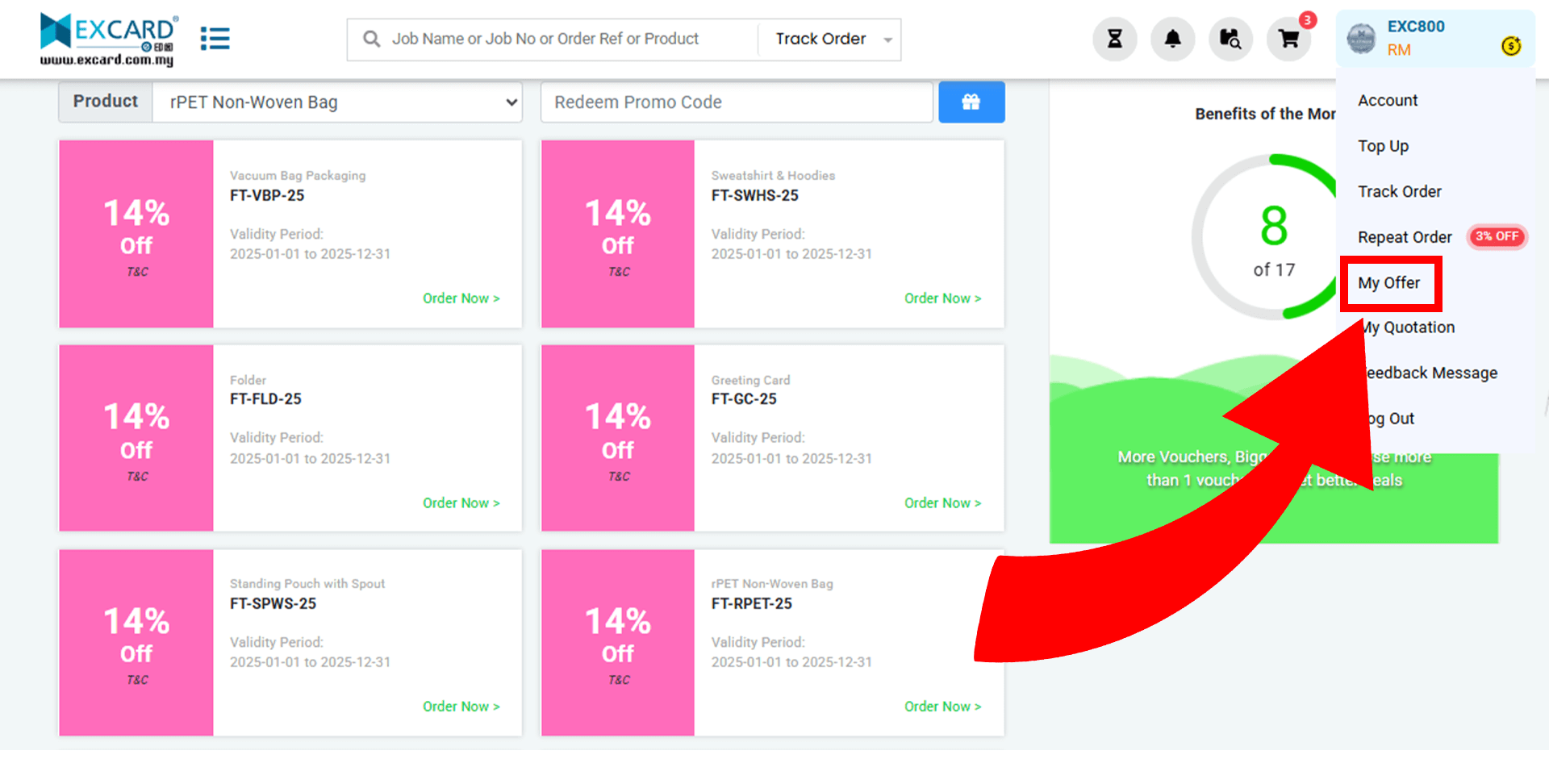 User selecting 'My Offer' from the account dropdown menu.