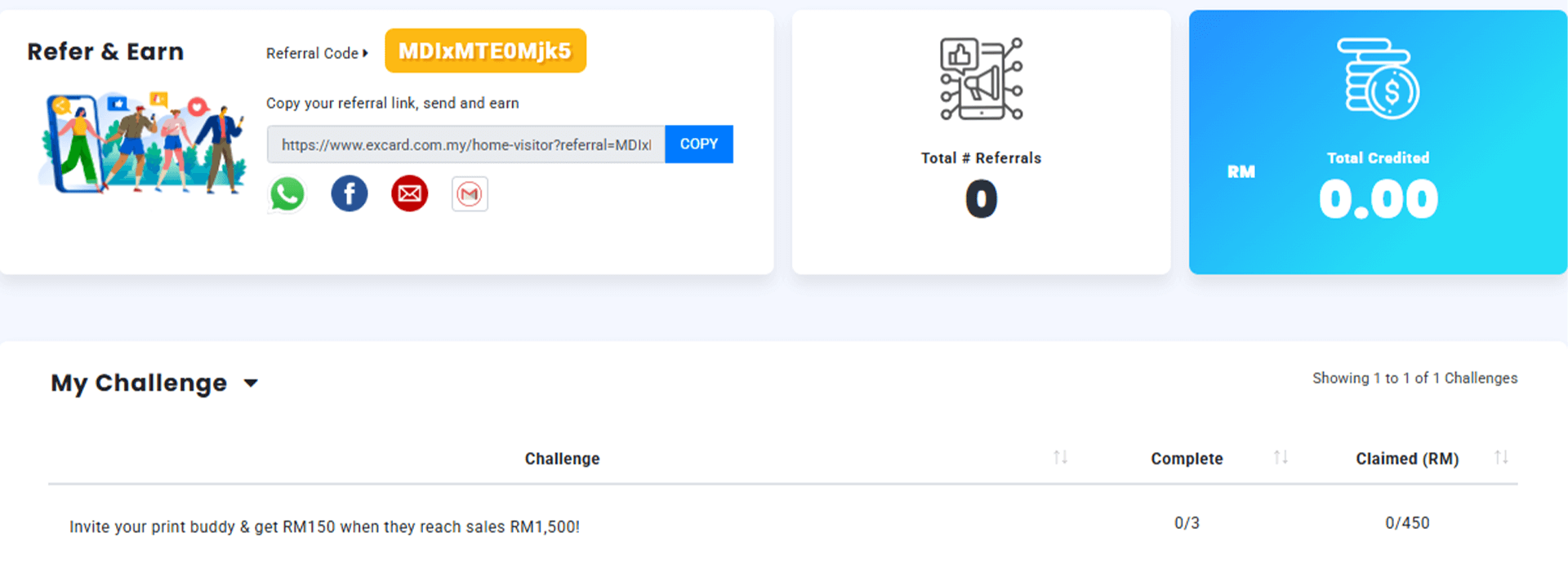 Referral program page showing option to refer friends and earn rewards when they exceed the purchase limit.