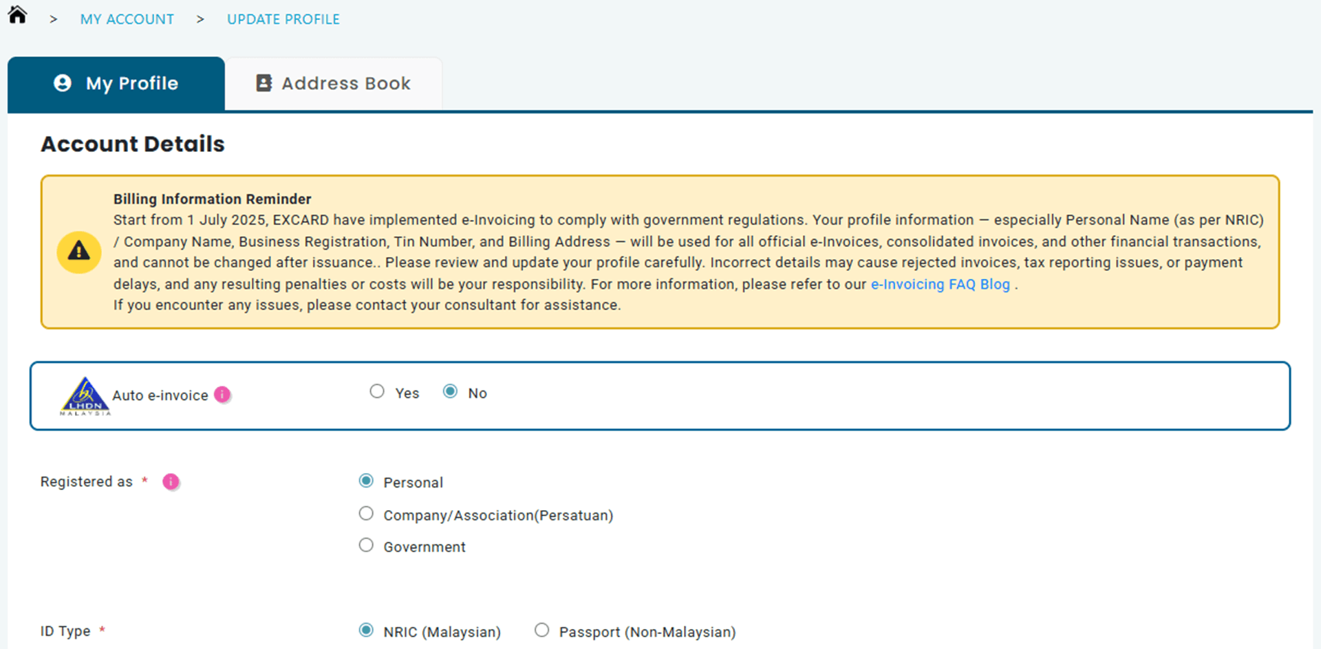 User profile form showing editable fields for name, contact details and address.