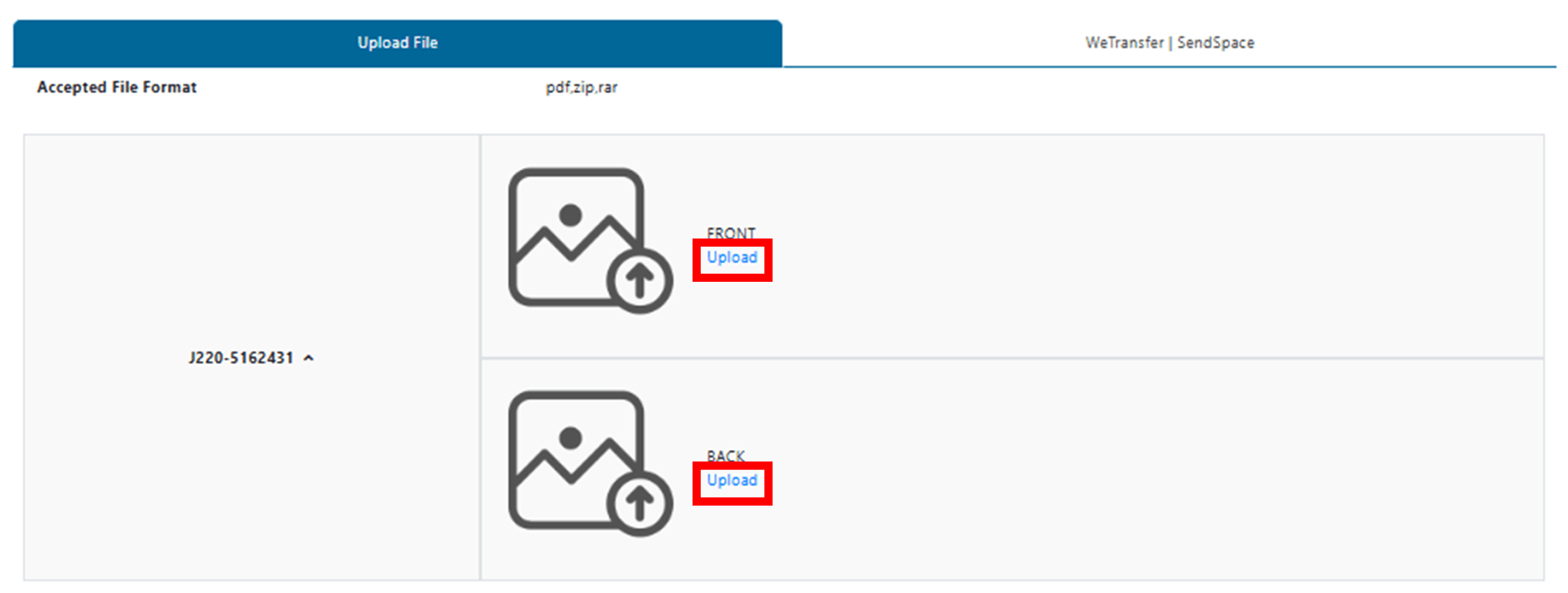 Upload artwork section with an 'Upload' button for submitting design files.